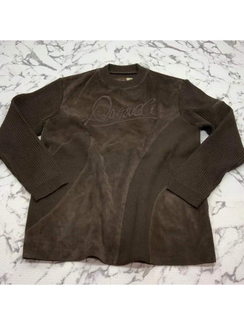 Men's Davoucci Brown Genuine Leather Crewneck Sweater NWT